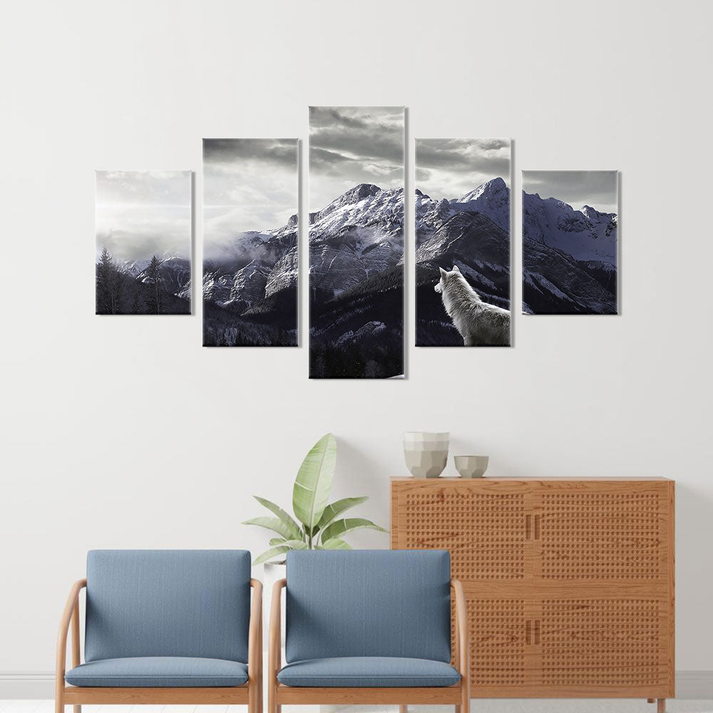 Wolf with snowy mountain canvas wall art