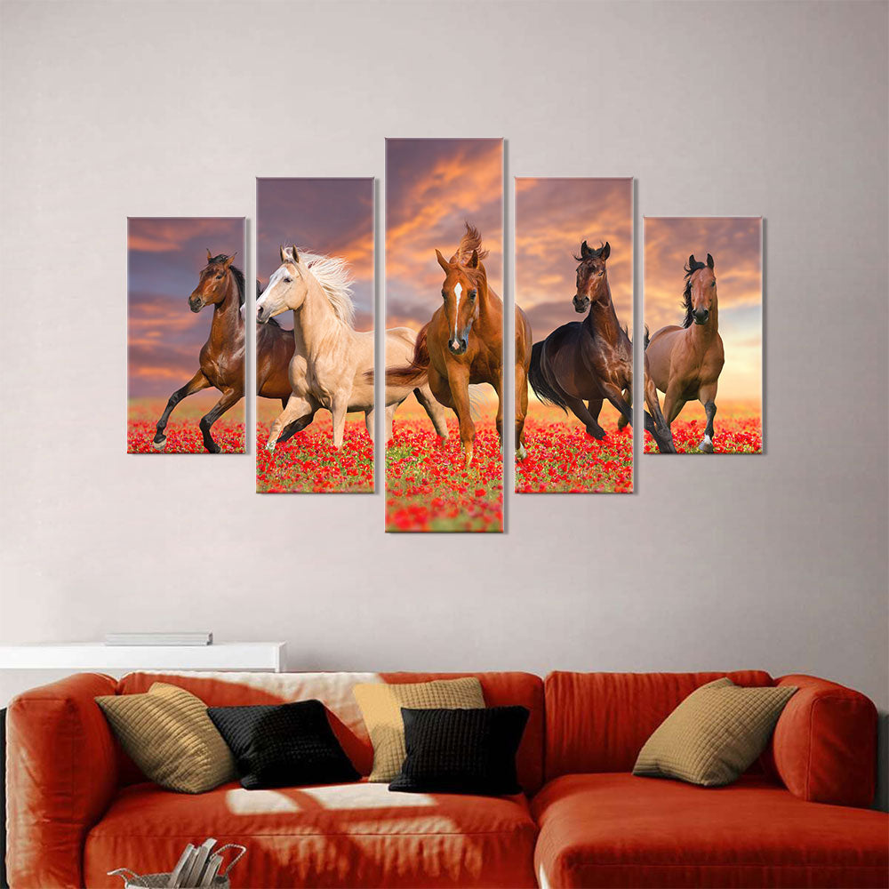 Wild Horses Running on Red Flowers canvas wall art