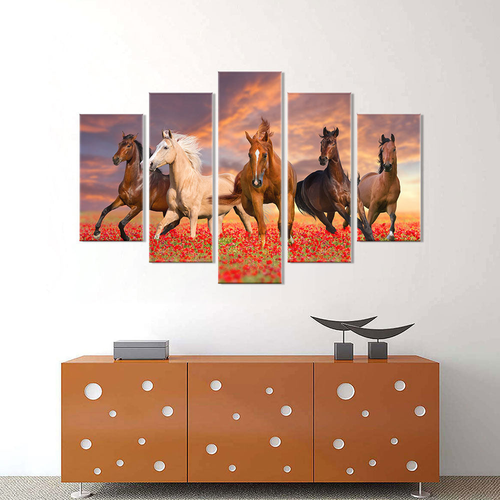 Wild Horses Running on Red Flowers canvas wall art