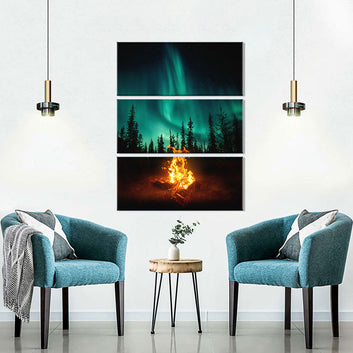 Campfire under the northern lights Canvas Wall Art