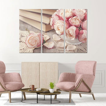 Pink Roses and Old Books Canvas Wall Art