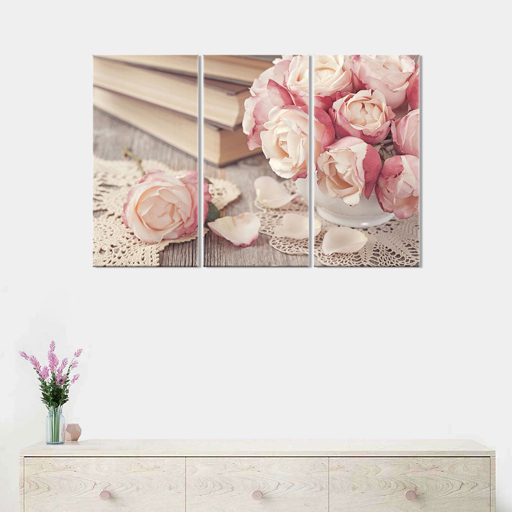 Pink Roses and Old Books canvas wall art
