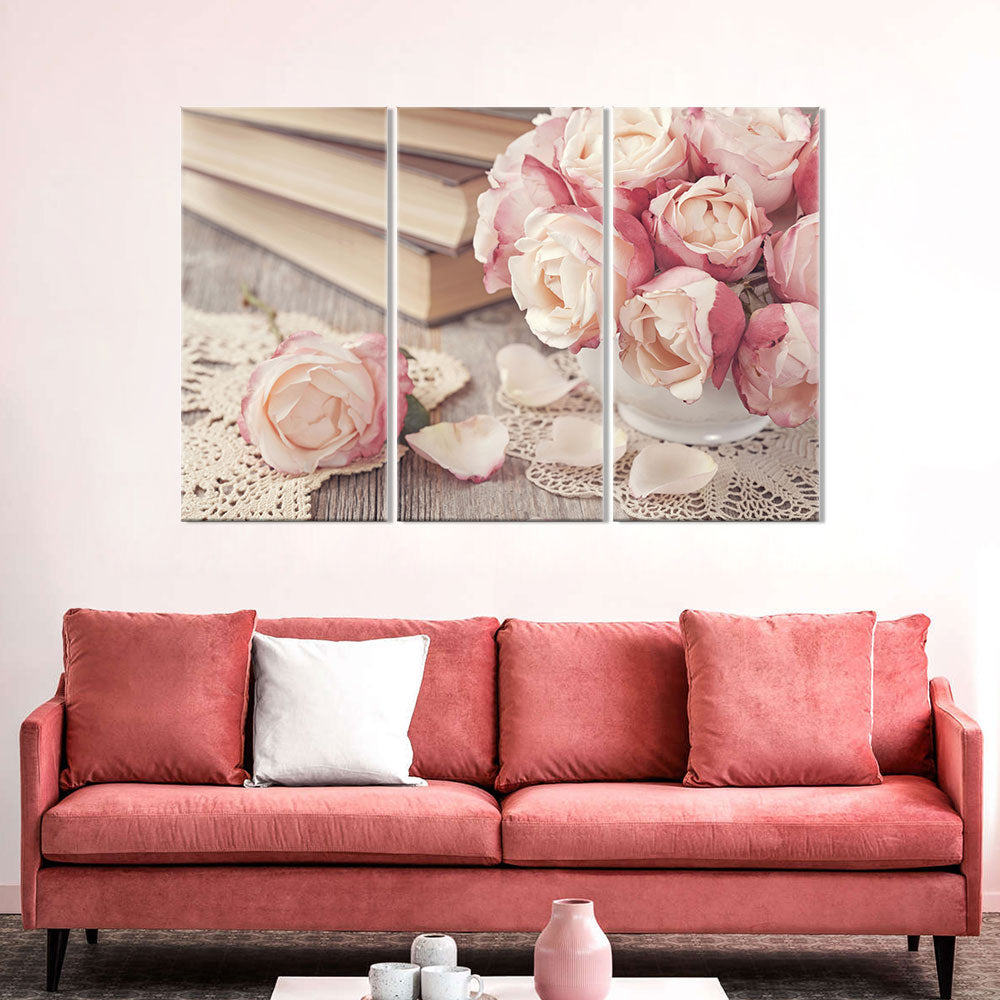 Pink Roses and Old Books canvas wall art