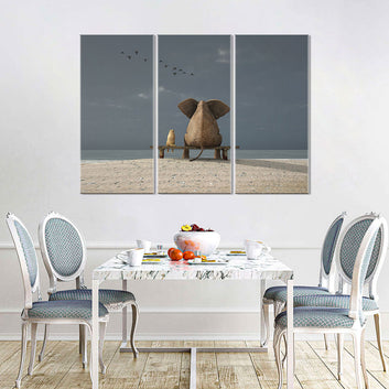 Elephant and Dog Sit on Beach Canvas Wall Art
