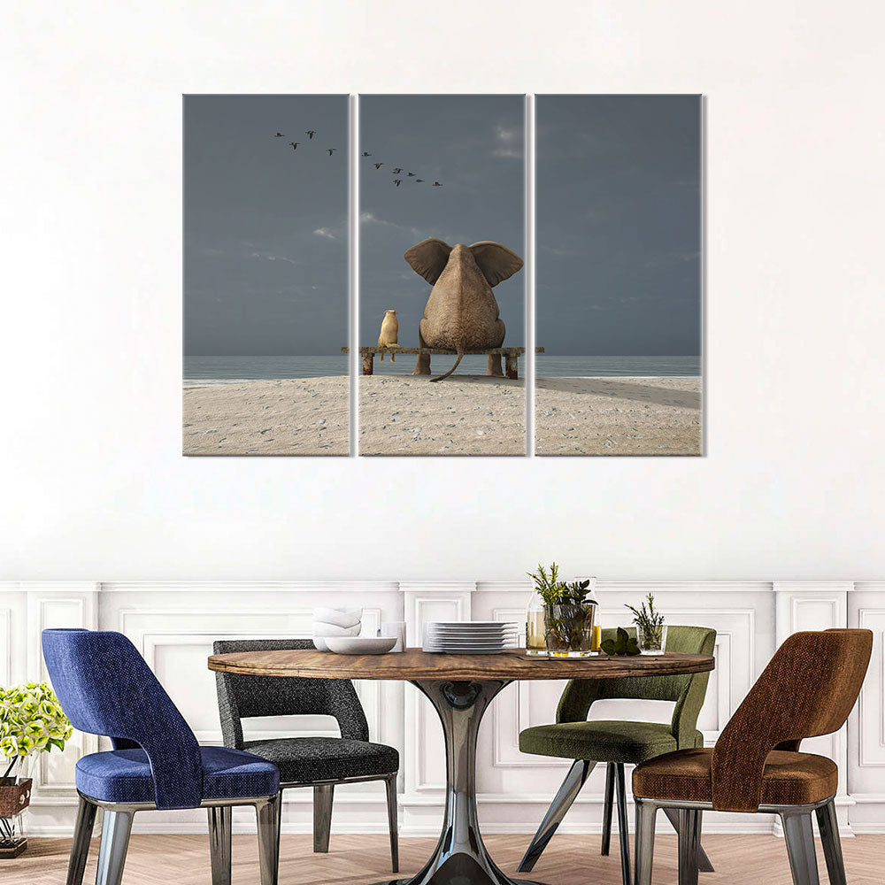 Elephant and dog sit on beach canvas wall art