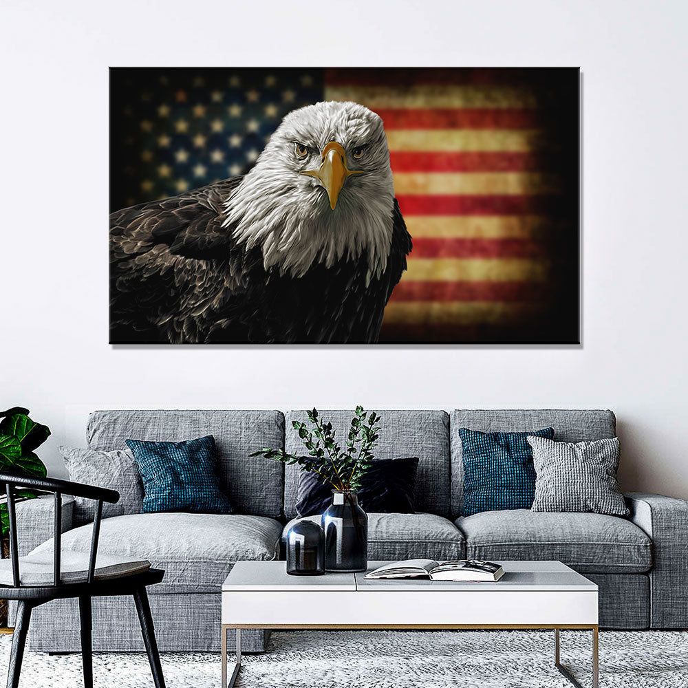 Bald Eagle with USA Flag canvas wall art