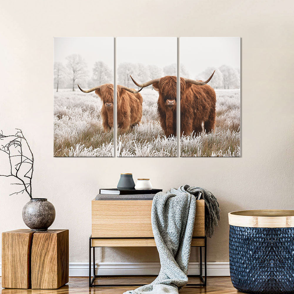 Two Highland Cows in Snow canvas wall art
