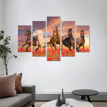 Wild Horses Running on Red Flowers Canvas Wall Art