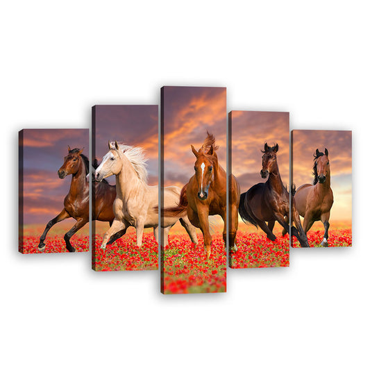 Wild Horses Running on Red Flowers Canvas Wall Art